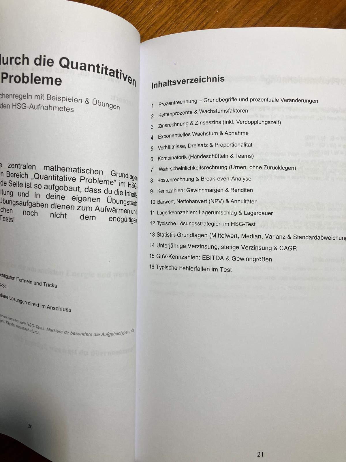 Inhaltsverzeichnis aus „Erfolgreich durch den HSG-Aufnahmetest“ zu Quantitativen Problemen wie Prozent- und Zinsrechnung