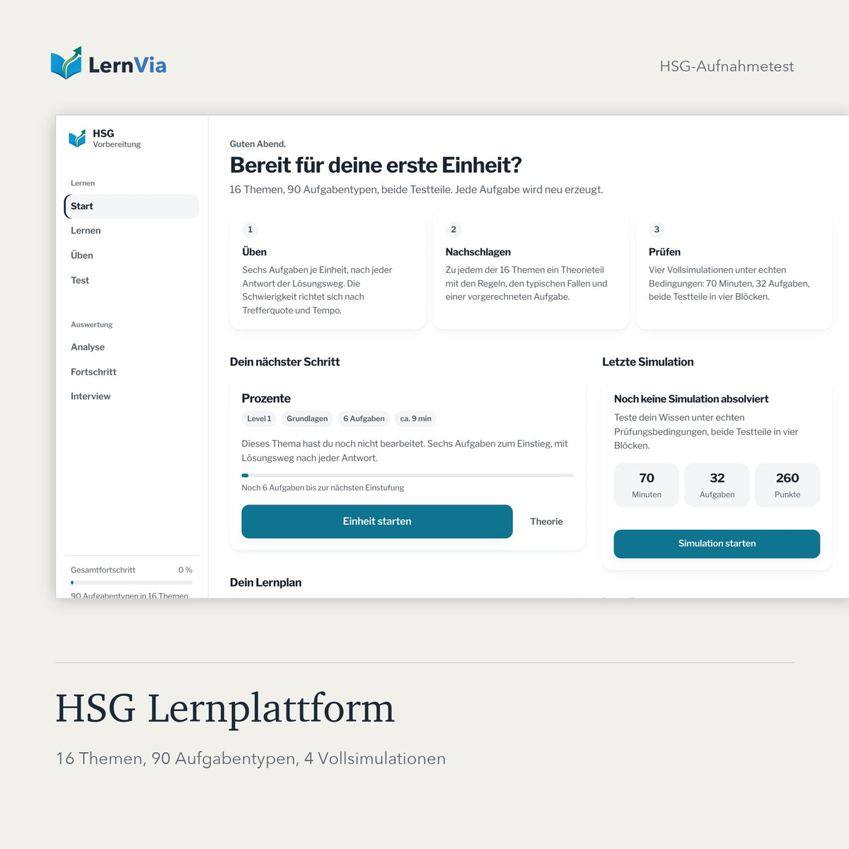 HSG Lernplattform von LernVia: Startseite mit 16 Themen, 90 Aufgabentypen und 4 Vollsimulationen
