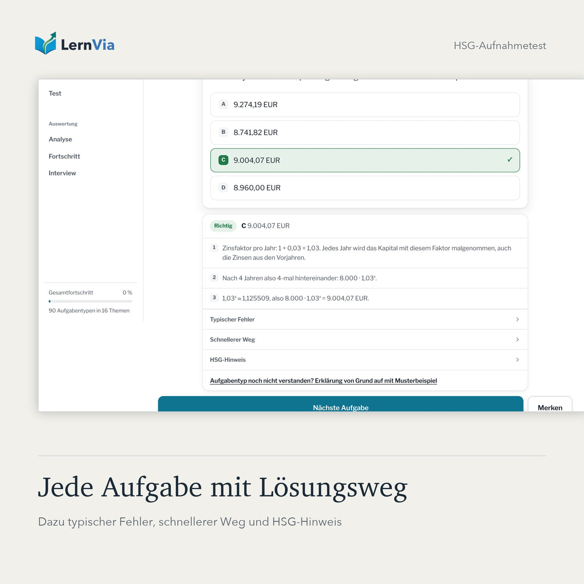 Aufgabe aus der HSG Lernplattform mit Lösungsweg nach der Antwort