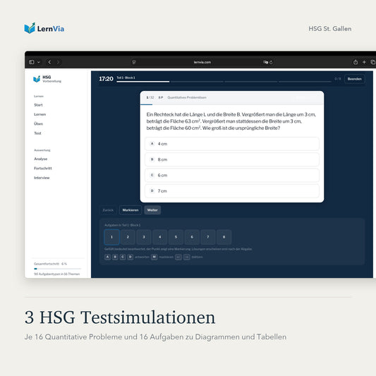 Produktbild 3 HSG Testsimulationen mit Screenshot einer Aufgabe auf der LernVia-Lernplattform