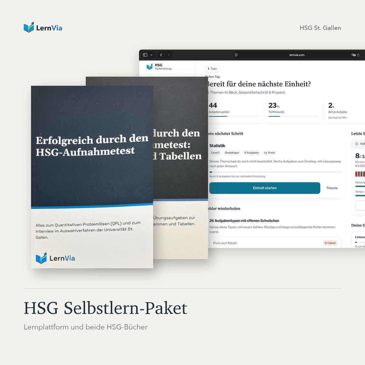 HSG Selbstlern-Paket: beide LernVia-Bücher zum HSG-Aufnahmetest und Screenshot der Lernplattform