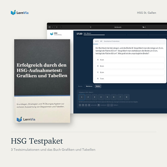 HSG Testpaket: Buch „Grafiken und Tabellen“ und Screenshot einer Testsimulation auf der Lernplattform