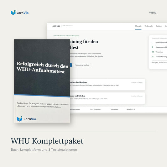 WHU Komplettpaket: Buch „Erfolgreich durch den WHU-Aufnahmetest“ und Screenshot der LernVia-Lernplattform