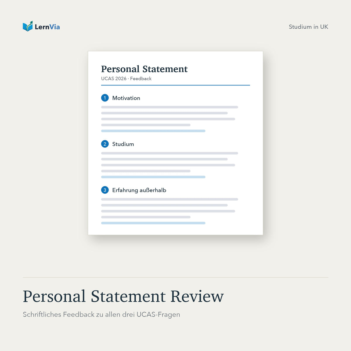 Personal Statement Review von LernVia: Feedback-Dokument zu den drei UCAS-Fragen