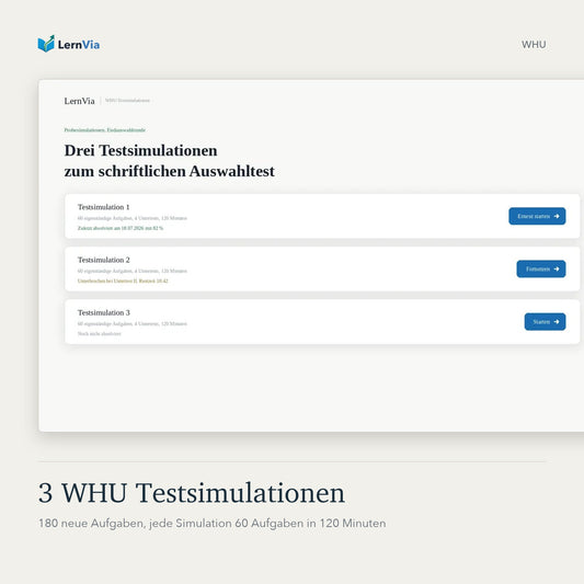 3 WHU Testsimulationen: Screenshot der Übersicht mit drei Simulationen zum Auswahltest